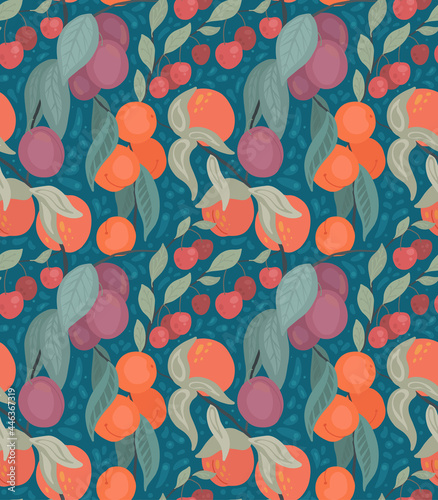 Seamless flat texture with cherries, peaches, plums on branches with foliage on blue background with doodle decoration. Cartoon pattern with gardening berries in sky. Vector fabric with harvest
