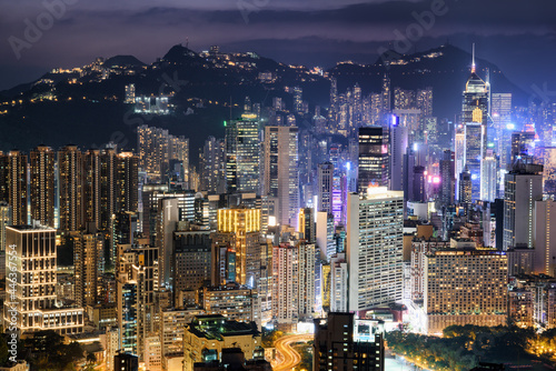 Awesome night aerial view of skyscrapers in Hong Kong