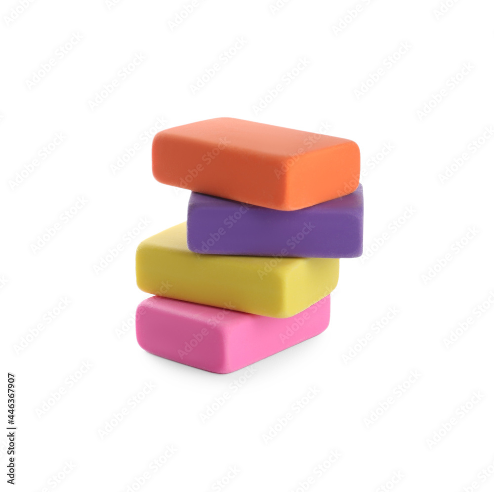 Stack of bright erasers on white background Stack of bright erasers on white background