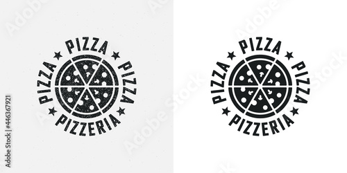 Set of pizza illustrations, text and stars on background. Designer element for emblem, label, stickers, icon. Vector illustration. Advertising pizzeria.