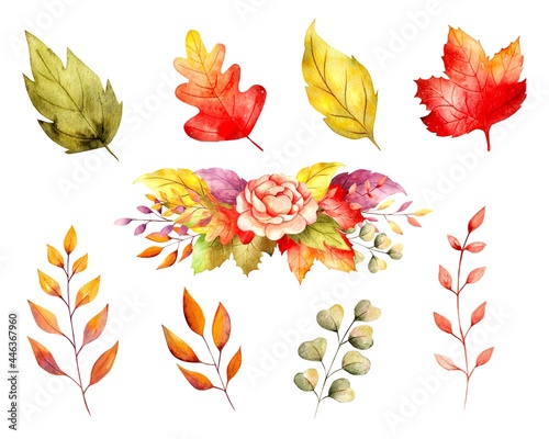 Watercolor autumn  leaves and wreath set