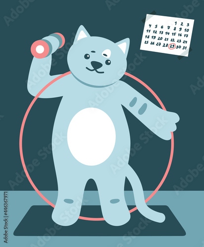 Cute happy cat goes in for sports. Sports Equipment. Flat vector illustration.