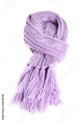 Violet knitted scarf isolated on white. Stylish accessory