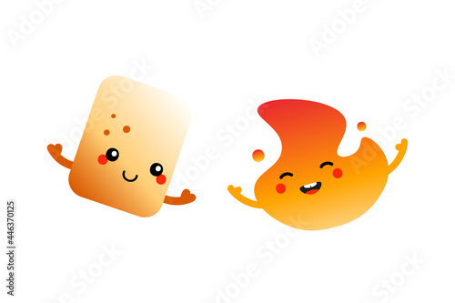 Couple of cute and smiling cartoon characters. Toasted marshmallow and burning fire, flame characters icons.