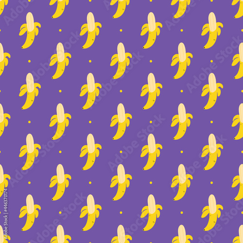 Cute cartoon style half peeled banana fruits and dots vector seamless pattern background. 