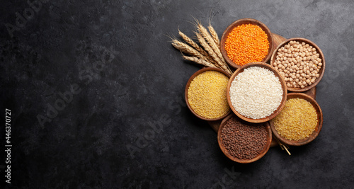 Gluten free cereals. Rice, buckwheat, corn groats, quinoa and millet