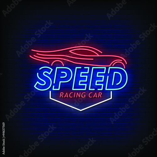 Speed Racing Car Neon Signboard On Brick Wall