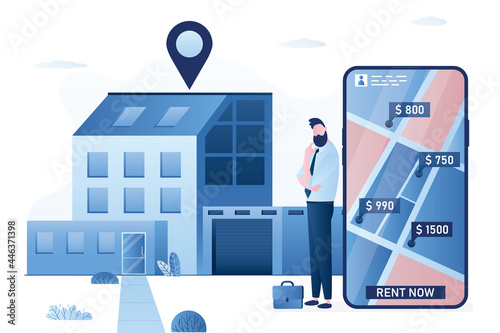 Male character chooses housing online for rent. Different housing options on mobile phone screen