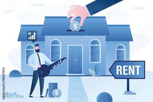 Owner or real estate seller holds big key. Board with text- rent. Tenant hand gives money. Passive income from renting out property. Modern house building