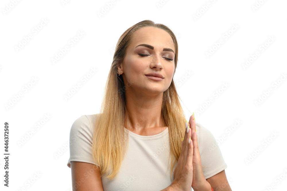 Portrait of a caucasian girl on white isolate shows pleasure Portrait of a caucasian girl on white isolate shows pleasure