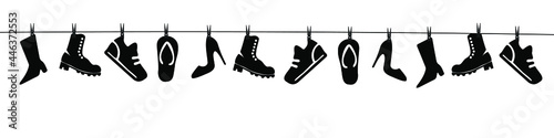 Banner with shoes, boots, slippers and flip flops on the clothesline with clothespins. Do laundry. 