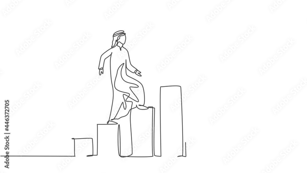 Self drawing animation of single one line draw young Arabian business man walking on the graph bar to reach alarm clock. Business challenge metaphor concept. Continuous line draw. Full length animated Self drawing animation of single one line draw young Arabian business man walking on the graph bar to reach alarm clock. Business challenge metaphor concept. Continuous line draw. Full length animated