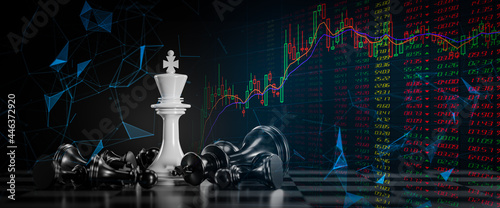 Concept of Strategy business ideas for Innovation planing and planing idea chess competition,futuristic graphic icon and gold chess board game black color tone with financial stock line background.