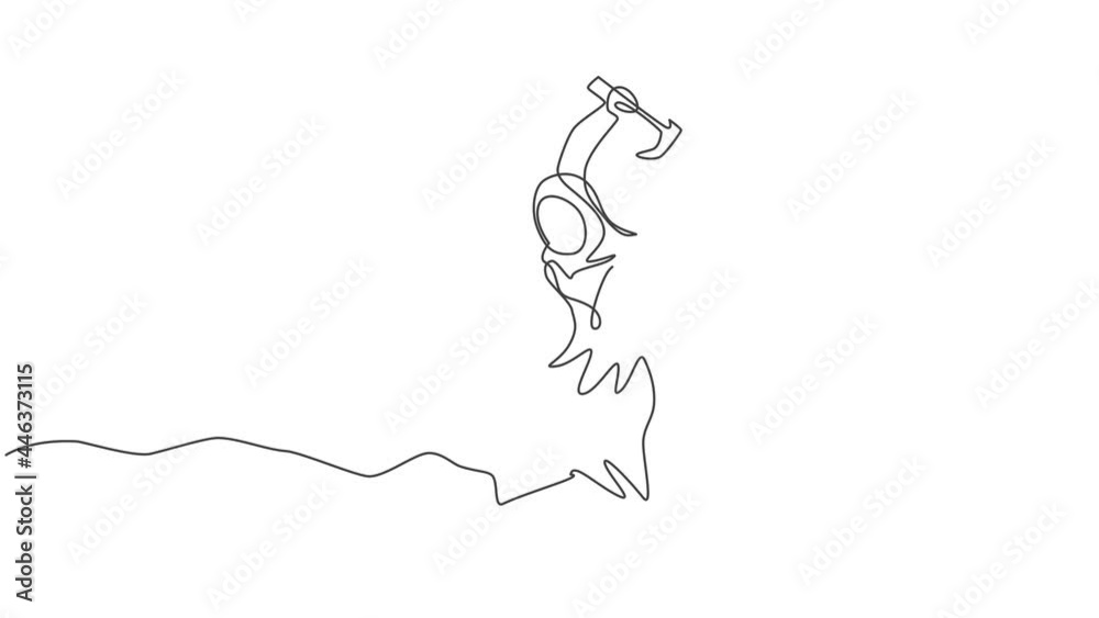 Animated self drawing of continuous one line draw young Arab female worker digging treasure on the street with hammer. Getting a new business idea minimalist concept. Full length single line animation Animated self drawing of continuous one line draw young Arab female worker digging treasure on the street with hammer. Getting a new business idea minimalist concept. Full length single line animation