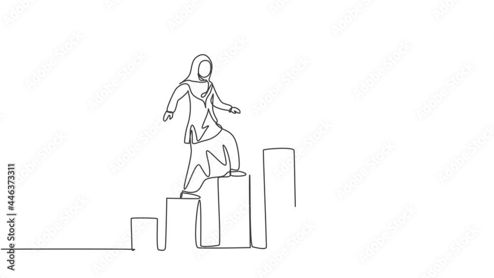 Animated self drawing of continuous one line draw young Arab female worker walking on the graph bar to reach alarm clock. Business time discipline metaphor concept. Full length single line animation. Animated self drawing of continuous one line draw young Arab female worker walking on the graph bar to reach alarm clock. Business time discipline metaphor concept. Full length single line animation.