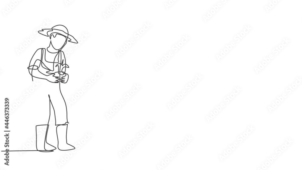 Self drawing animation of single one line draw young male farmer bring crops to be planted in farm fields. Farming challenge activities minimalist concept. Continuous line draw. Full length animated. Self drawing animation of single one line draw young male farmer bring crops to be planted in farm fields. Farming challenge activities minimalist concept. Continuous line draw. Full length animated.