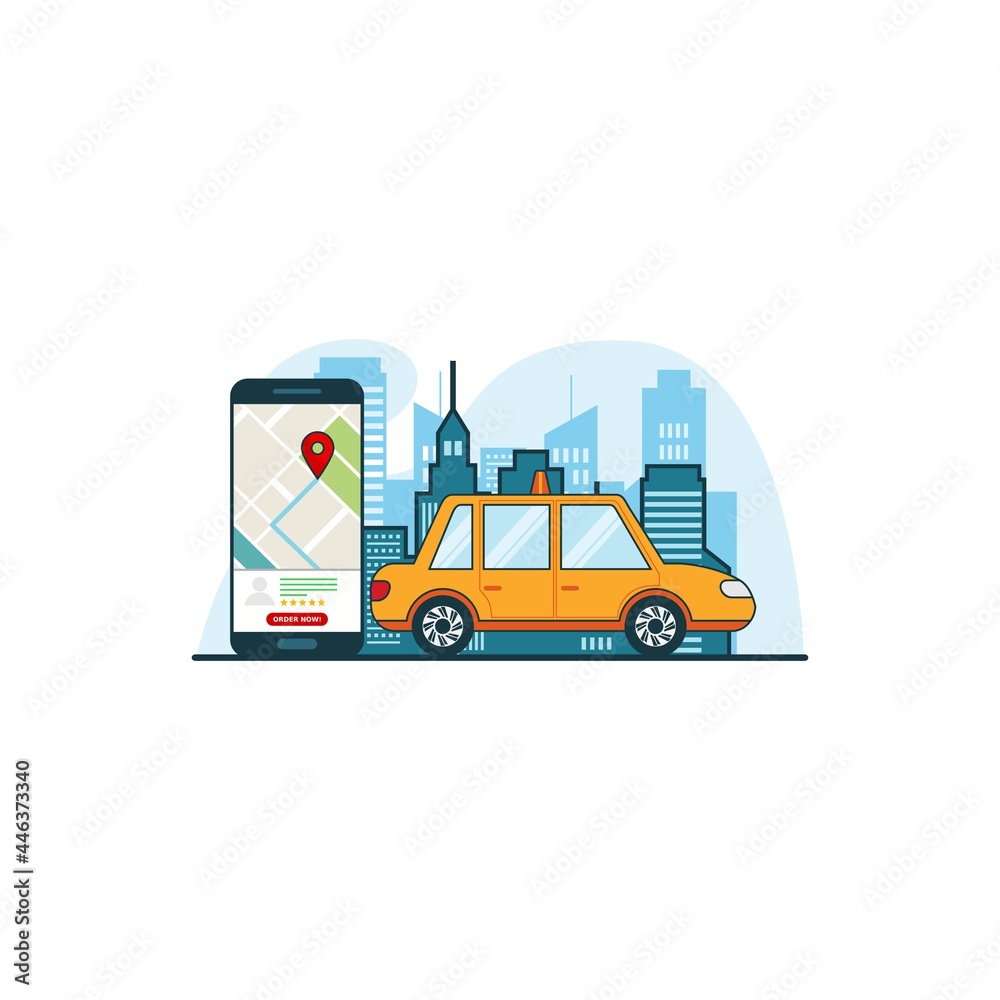Illustration to find online transportation concept with smartphone maps gps location. Design vector with flat style