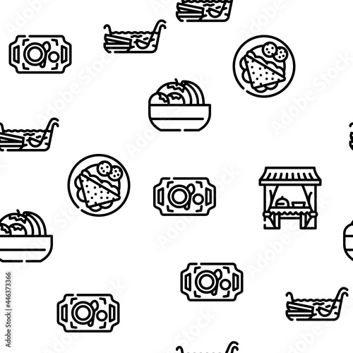 Buffet Food And Drinks Vector Seamless Pattern Thin Line Illustration