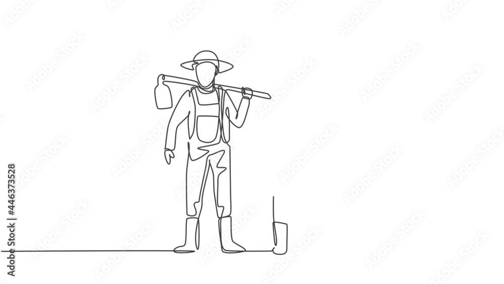 Animated self drawing of single continuous line draw young couple farmer shouldered hoes on his shoulders, carried buckets ready go to farm. Farming minimalism concept. Full length one line animation.