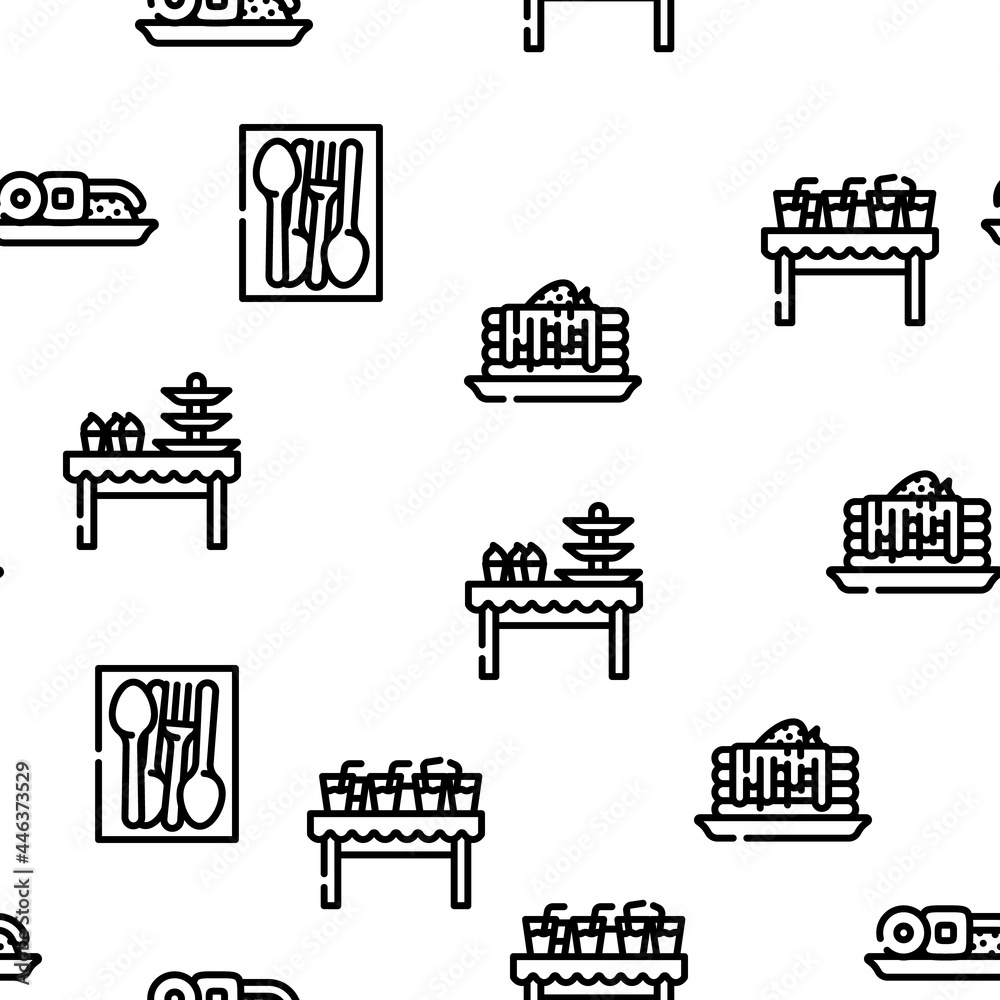 Buffet Food And Drinks Vector Seamless Pattern Thin Line Illustration
