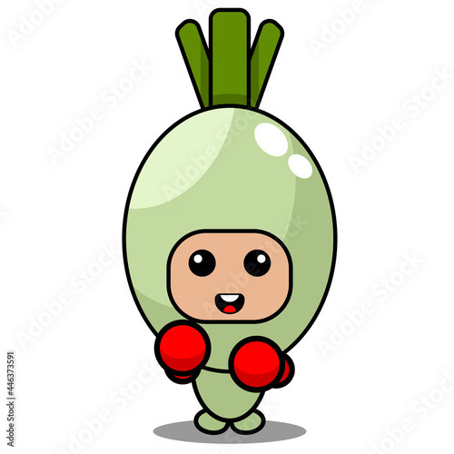 vector cartoon cute spring onion vegetable mascot character wearing boxing gloves