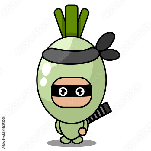 vector cartoon onion season vegetable mascot character carrying a katana and dressed in ninja