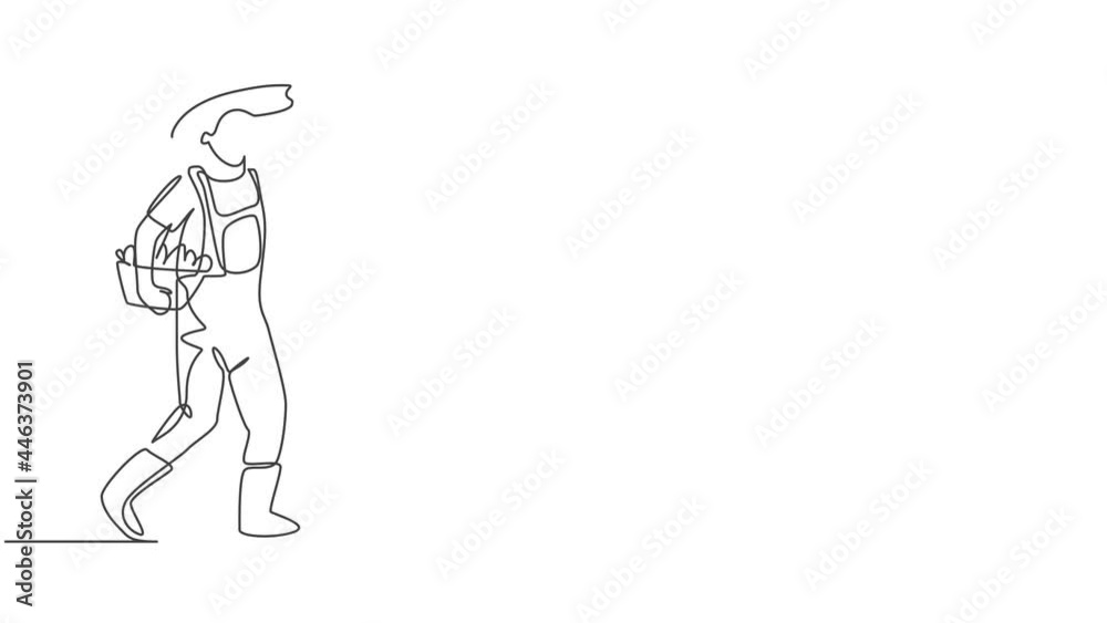 Animated self drawing of single continuous line draw male farmer carrying boxes and baskets of fruit in his right and left hands. Successful harvest minimalism concept. Full length one line animation.
