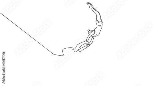 Self drawing animation of single one line draw two acrobatic players in action on a trapeze with male player hanging from his two legs while catching female player. One line draw. Full length animated photo