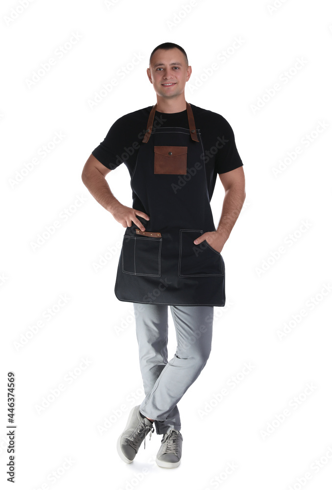 Full length portrait of happy young waiter in uniform on white background Full length portrait of happy young waiter in uniform on white background