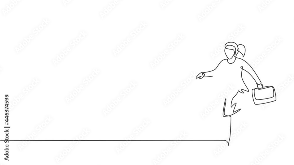 Animated self drawing of continuous one line draw young female worker giving hand to handshake her colleagues. Success business manager. Minimalist concept. Full length single line animation. Animated self drawing of continuous one line draw young female worker giving hand to handshake her colleagues. Success business manager. Minimalist concept. Full length single line animation.