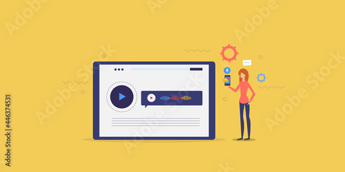 Mobile voice message, audio recoding, automated messaging service, voice mail app on tablet screen, woman with mobile listening to voice message. Flat design web banner template.