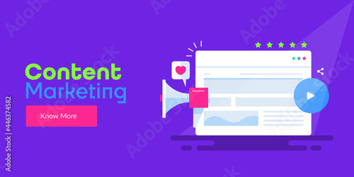 Content marketing concept, digital content and video marketing with megaphone, vector illustration web banner.