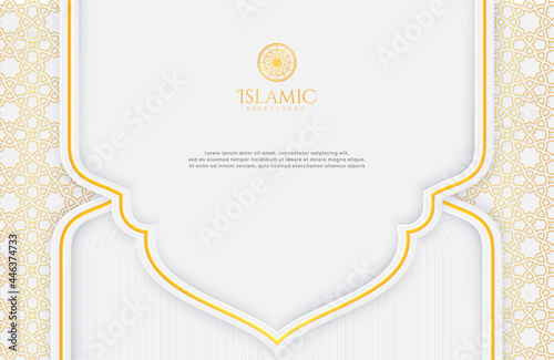 Elegant Islamic white and golden luxury background with decorative patterns for Eid Mubarak celebration or greeting card