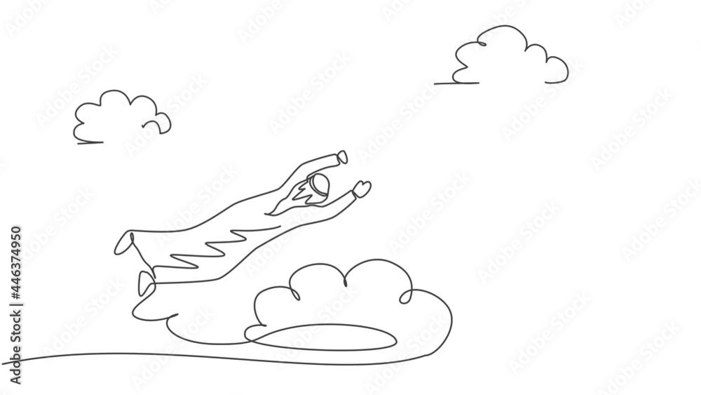 Self drawing animation of single one line draw young Arabian business man hanging tight on paper airplane. Business challenge minimal metaphor concept. Continuous line draw. Full length animated. Self drawing animation of single one line draw young Arabian business man hanging tight on paper airplane. Business challenge minimal metaphor concept. Continuous line draw. Full length animated.