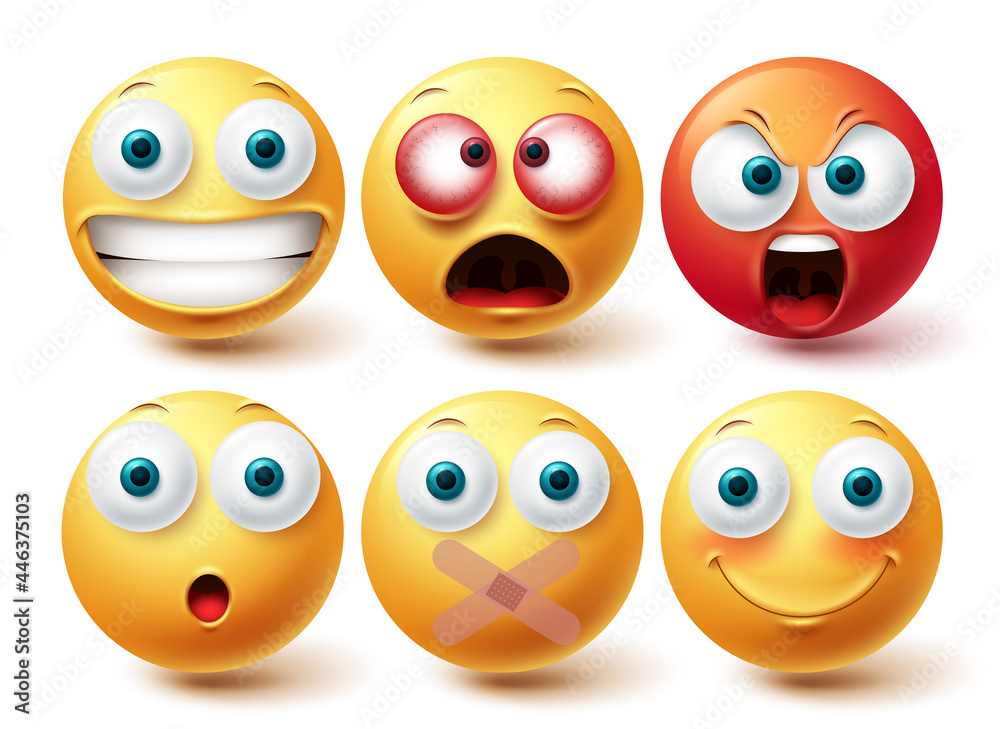 Smiley emoji vector set. Smileys emoticon happy, angry and silent ...