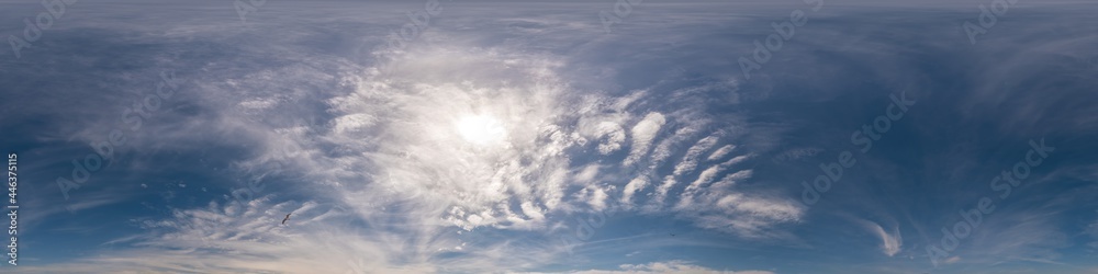 Blue sky panorama with Cirrus clouds. Seamless hdr 360 degree pano in spherical equirectangular format. Complete zenith for 3D visualization, game and sky replacement for aerial drone 360 panoramas. Blue sky panorama with Cirrus clouds. Seamless hdr 360 degree pano in spherical equirectangular format. Complete zenith for 3D visualization, game and sky replacement for aerial drone 360 panoramas.