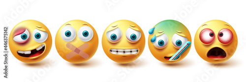 Smiley sick vector set. Smileys emoji tired, ill, silent and irritated icon collection isolated in white background for graphic elements design. Vector illustration
