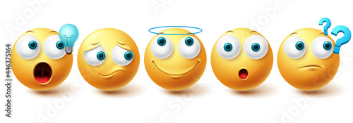 Smiley emoji vector set. Smileys yellow emoticon happy, sad, angel and thinking face collection isolated in white background for graphic design elements. Vector illustration 