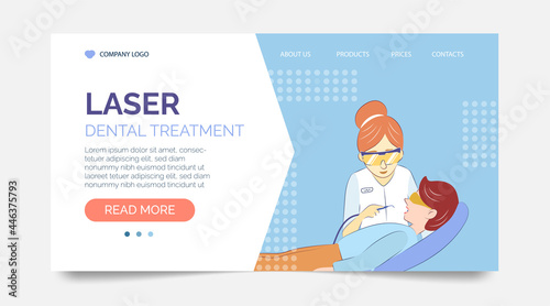 Laser dental treatment landing page header template. Woman dentist treats the patient's teeth with a laser. Vector illustration in cartoon in hand drawn style