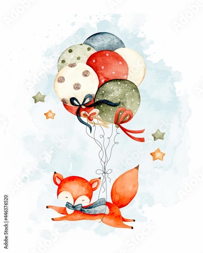Watercolor cute fox flying with the balloons
