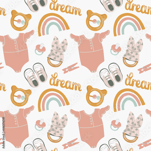Hand drawn seamless pattern of baby shower elements, toys, ball, rainbow,pacifier, bodysuit, rattles, clothespins.k. Boho style. Baby element drawn by digital pen. Print for wallpaper, textil