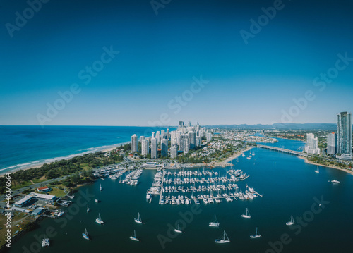 An aerial panorama view of Surfers Paradise including the Southport Yacht Club, Sundale Bridge and Pacific Ocean