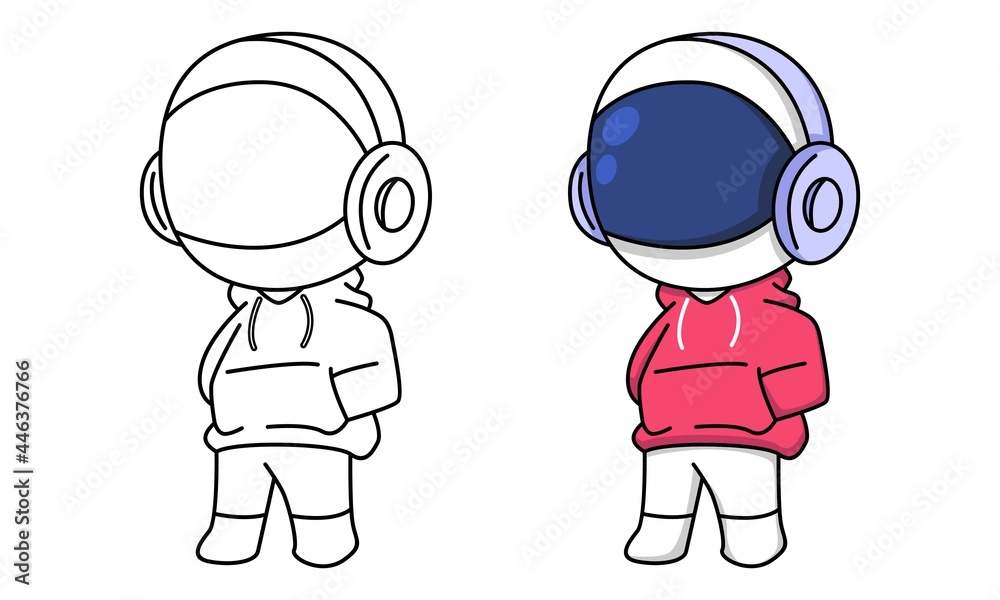 astronaut in red jacket with headphones coloring page for kids