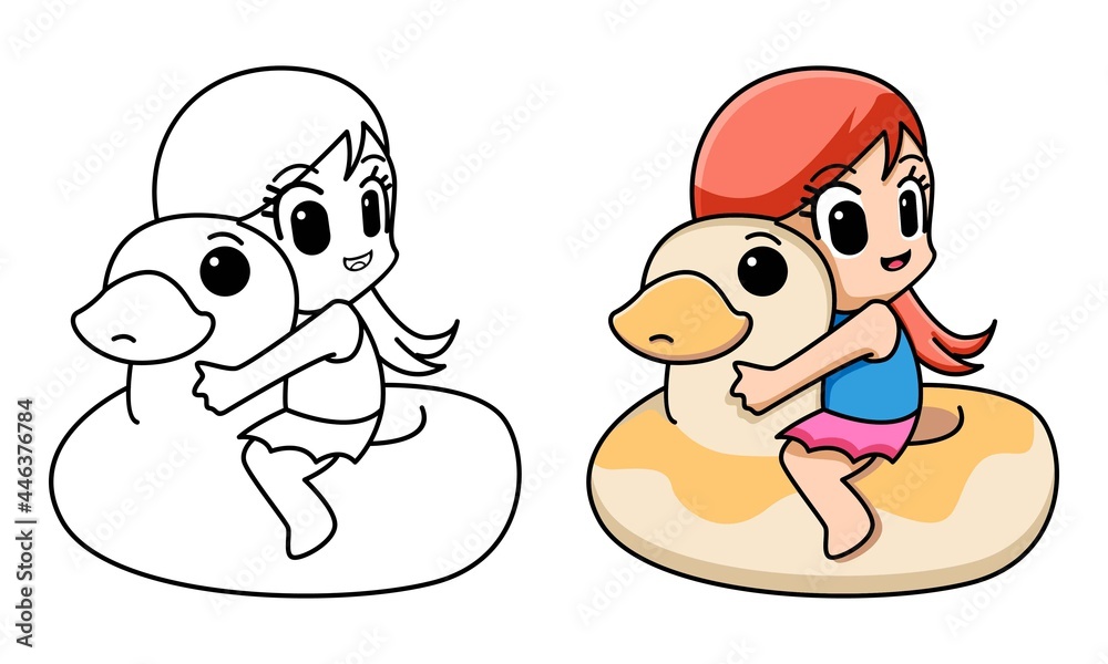 girl with duck swim ring coloring page for kids