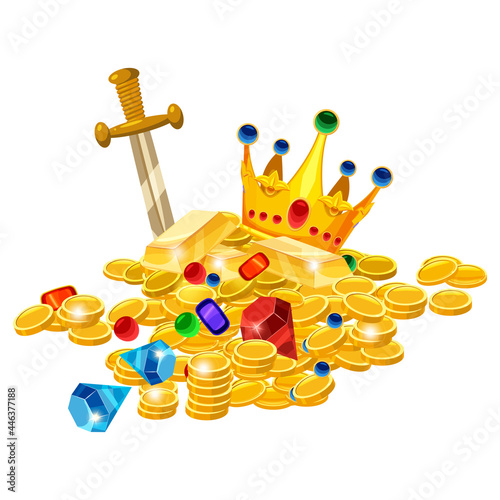 Set of treasure gold coins, crown, gems, sword, jevels, diamonds. Ancient fantasy pile gold luxury. Vector cartoon style for games apps illustration