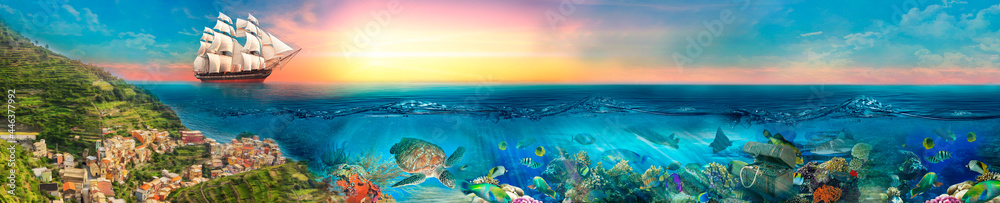 Fototapeta premium Design for children. Beautiful seascape. Underwater world and treasures. A fabulous ship at sunset. Children's photo wallpapers. Children's room. Wallpaper for the room. Wallpapers for children.