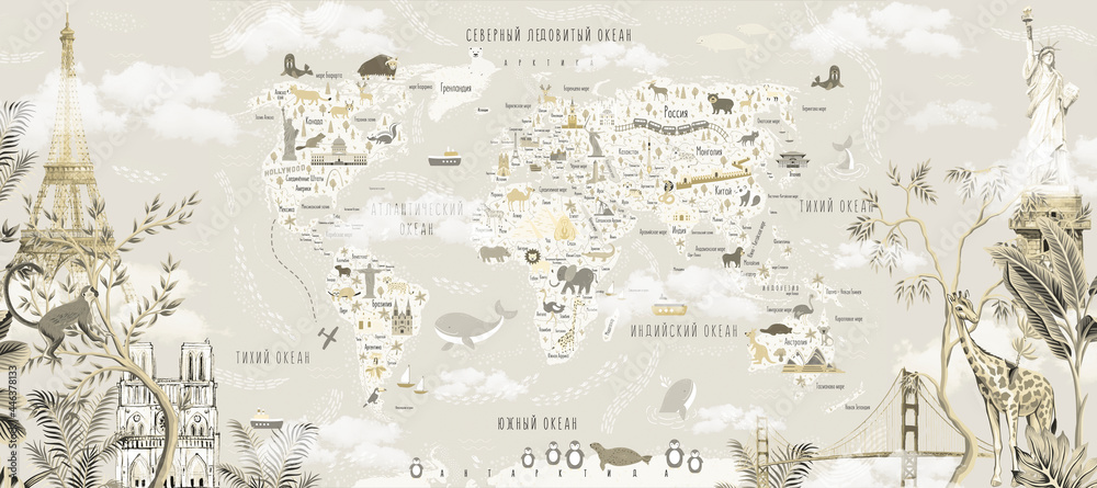 custom made wallpaper toronto digitalChildren's world map with animals and attractions in Russian. Photo wallpapers for the children's room.