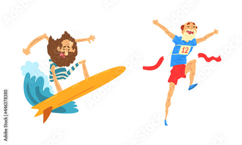 Elderly People Fun Leisure Activities Set, Senior Man Riding Surfboard and Taking Part in Marathon Cartoon Vector Illustration