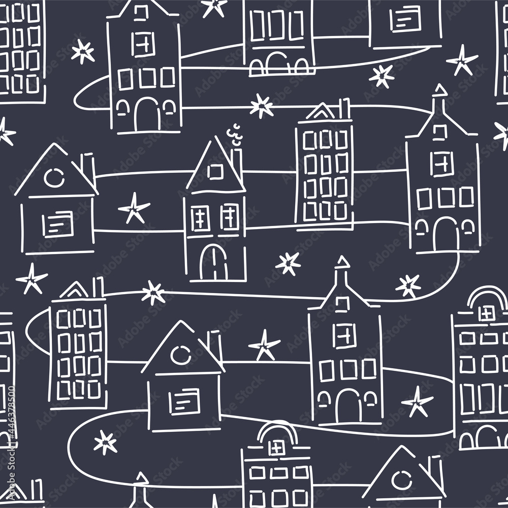  Houses have a seamless pattern. Abstract and lines, spots. Fashionable print. Vector illustration