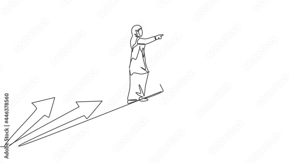 Animated self drawing of single continuous line draw young professional female Arab entrepreneur riding arrow and flying. Minimalism business growth metaphor concept. Full length one line animation. Animated self drawing of single continuous line draw young professional female Arab entrepreneur riding arrow and flying. Minimalism business growth metaphor concept. Full length one line animation.